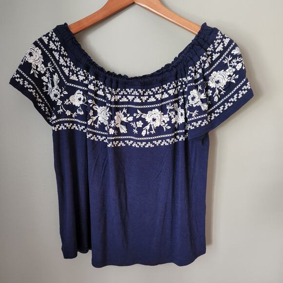 Jolt Boho Navy Blue and White Off the Shoulder Short Sleeve Top - Picture 1 of 6